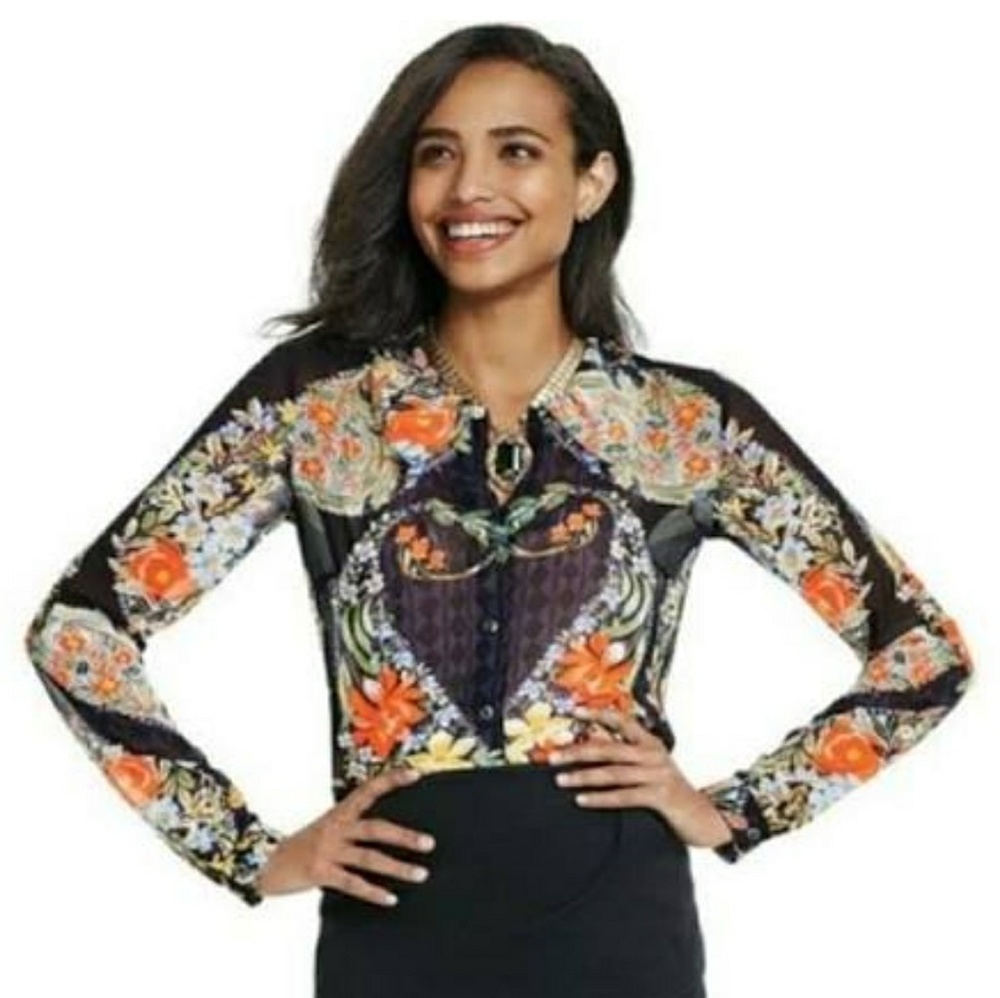 Cabi sheer button down long sleeve floral blouse